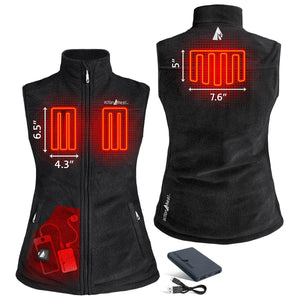 ActionHeat black heated vest showing heating element dimensions and battery pack
