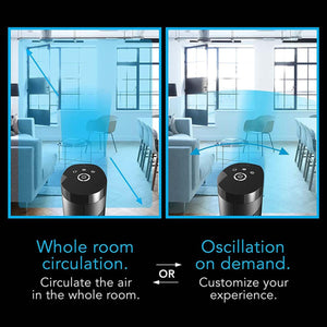 Vornado tower fan showing whole room air circulation versus oscillation on demand settings