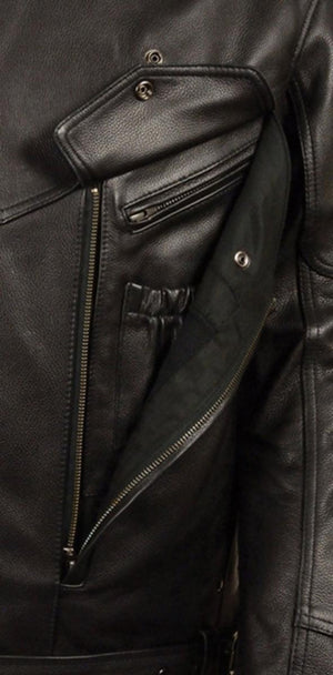 Milwaukee Leather black motorcycle jacket with open chest vent and snap button closure