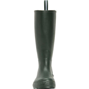 Dark green rubber rain boot with a pull tab