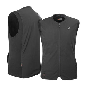 Mobile Warming black heated vest shown from front and side angles