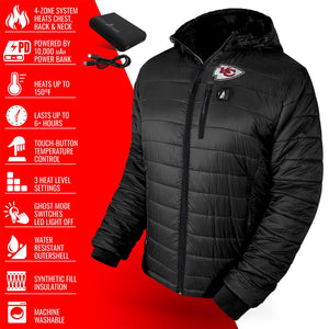 ActionHeat black heated jacket with Kansas City Chiefs logo and list of technical features