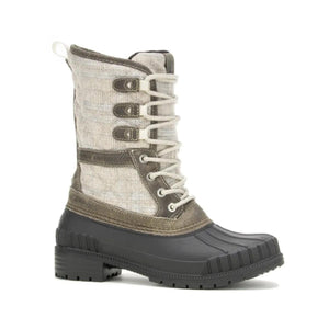 Kamik lace up winter boot with grey fabric shaft and black rubber lower