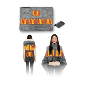 ExtremeMIST heated blanket with power bank and person wearing it as a cape and vest
