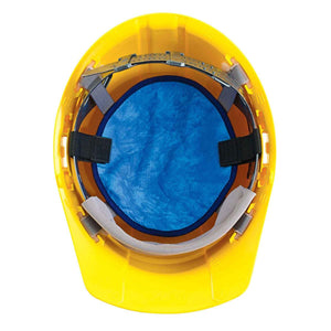 Chill-Its blue cooling hard hat pad installed inside a yellow hard hat