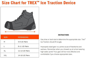 Ergodyne Trex ice traction device size chart showing US mens shoe sizes for medium to double extra large