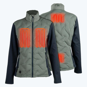 Mobile Warming women's heated jacket showing front and back views with highlighted heating elements