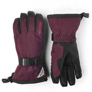 Hestra burgundy and black winter gloves with adjustable wrist strap and logo patch