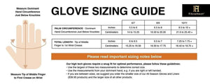 FibreHeat glove sizing guide chart showing palm circumference and hand length measurements in inches and centimeters