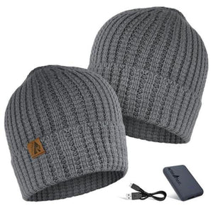 ActionHeat grey ribbed knit beanie with battery pack and charging cable