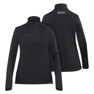 Venture black long sleeve quarter zip heated pullover showing front and back views