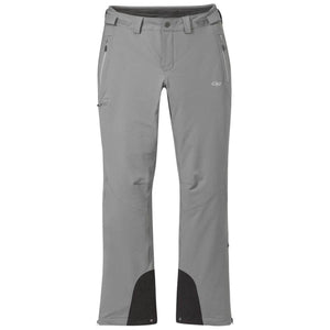 Outdoor Research grey softshell ski pants with zippered pockets and black scuff guards