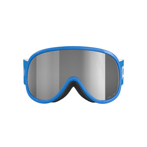 POC blue ski goggles with silver mirrored lens