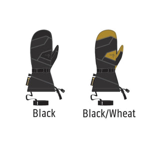 Two Gore-Tex mittens in black and black with wheat accents