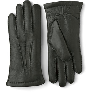 Hestra black leather gloves with stitched detailing