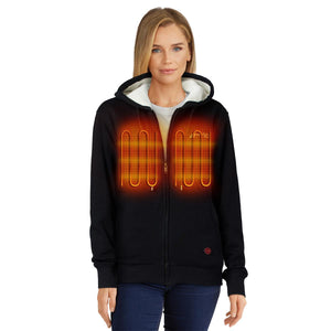 Woman wearing a black Venture Heat zip up hoodie with visible glowing heating elements on the chest
