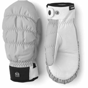 Hestra grey and white insulated mittens with leather palms and adjustable wrist straps