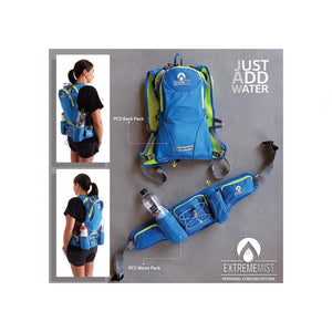 ExtremeMIST personal cooling system showing blue backpack and waist pack components worn by a person