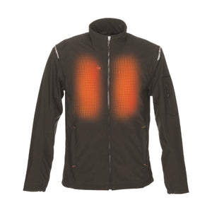 Mobile Warming black softshell jacket with orange glowing chest heating panels