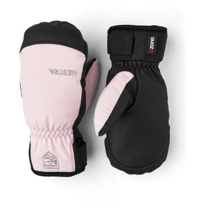 Hestra pink and black CZone mittens with adjustable wrist straps