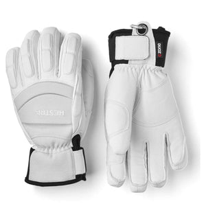 Hestra white leather ski gloves with black wrist straps and CZone branding