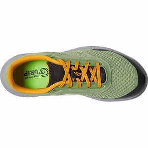 Top view of Inov-8 olive green running shoe with orange laces