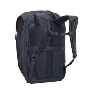 Back view of a black Thule backpack showing padded shoulder straps and mesh back panel