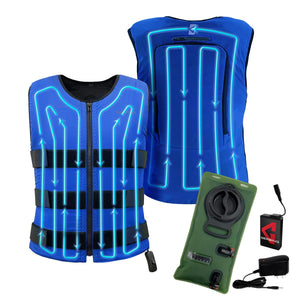 Gerbing blue heated vest with internal wiring diagram, hydration bladder, battery pack, and charger