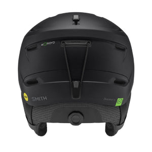 Back view of black Smith Optics Descend Jr ski helmet with goggle strap and adjustable dial