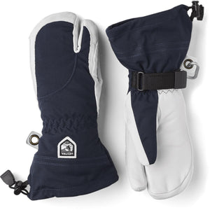 Hestra navy and white three finger ski gloves with adjustable wrist straps