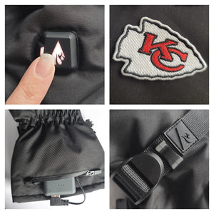 ActionHeat heated glove details including power button Kansas City Chiefs logo battery compartment and strap