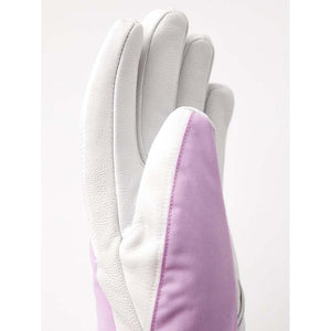 Hestra glove with white leather palm and light purple fabric back