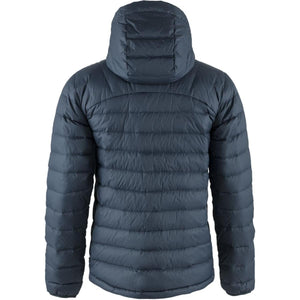 Back view of a dark blue FjallRaven hooded down jacket