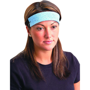 Woman wearing a light blue Miracool cooling headband