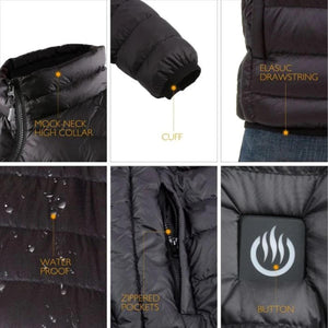 Venture Heat jacket features including mock neck collar, elastic drawstring, waterproof fabric, and control button