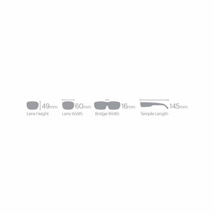 Smith Optics sunglasses sizing chart showing lens height 49mm lens width 60mm bridge width 16mm and temple length 145mm