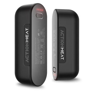 Two black ActionHeat rechargeable hand warmers with power indicators