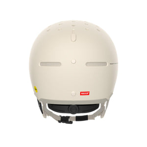 Back view of a beige POC ski helmet with Mips and Recco branding