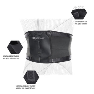 DonJoy Bionic back brace with callouts for contoured top line, stretch webbing closure, and vertical support stays