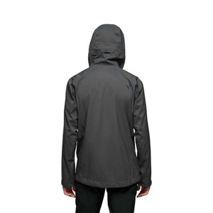 Back view of a charcoal grey Black Diamond hooded rain jacket