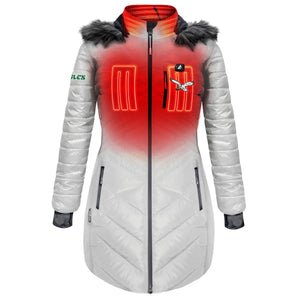 ActionHeat silver puffer coat with faux fur hood and red heat zone graphics