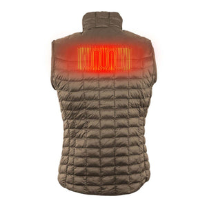 Mobile Warming brown quilted vest with glowing red heating element on the back