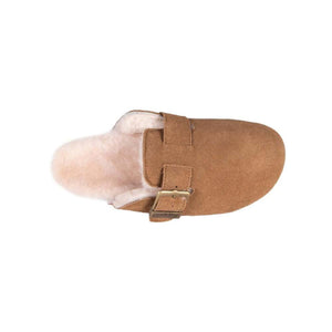 Cloud Nine Sheepskin tan suede mule slipper with buckle strap and wool lining