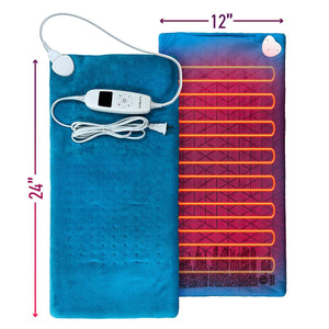 Aheata 12 by 24 inch blue electric heating pad with digital controller and visible internal heating wires