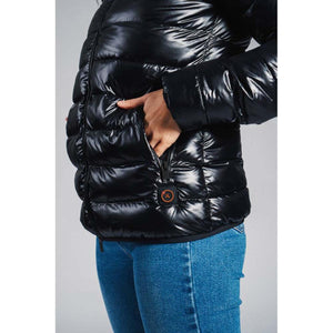 8K FlexWarm black puffer jacket with heated pocket control button