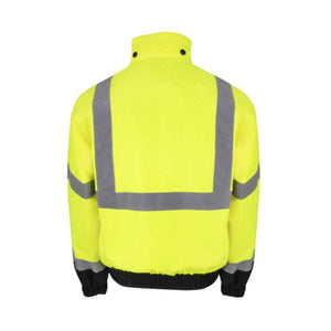 Back view of Radians high visibility yellow safety jacket with reflective stripes and black cuffs