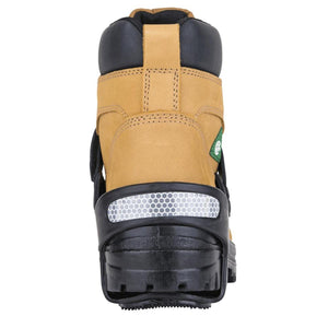 Back view of a tan work boot with a black rubber heel ice cleat attachment