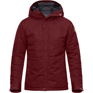 FjallRaven dark red hooded winter jacket with front pockets and snap button closure