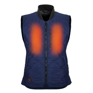 Mobile Warming navy blue quilted heated vest with orange heat zones on chest