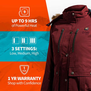 Gobi Heat jacket features nine hours of heat three heat settings and a one year warranty